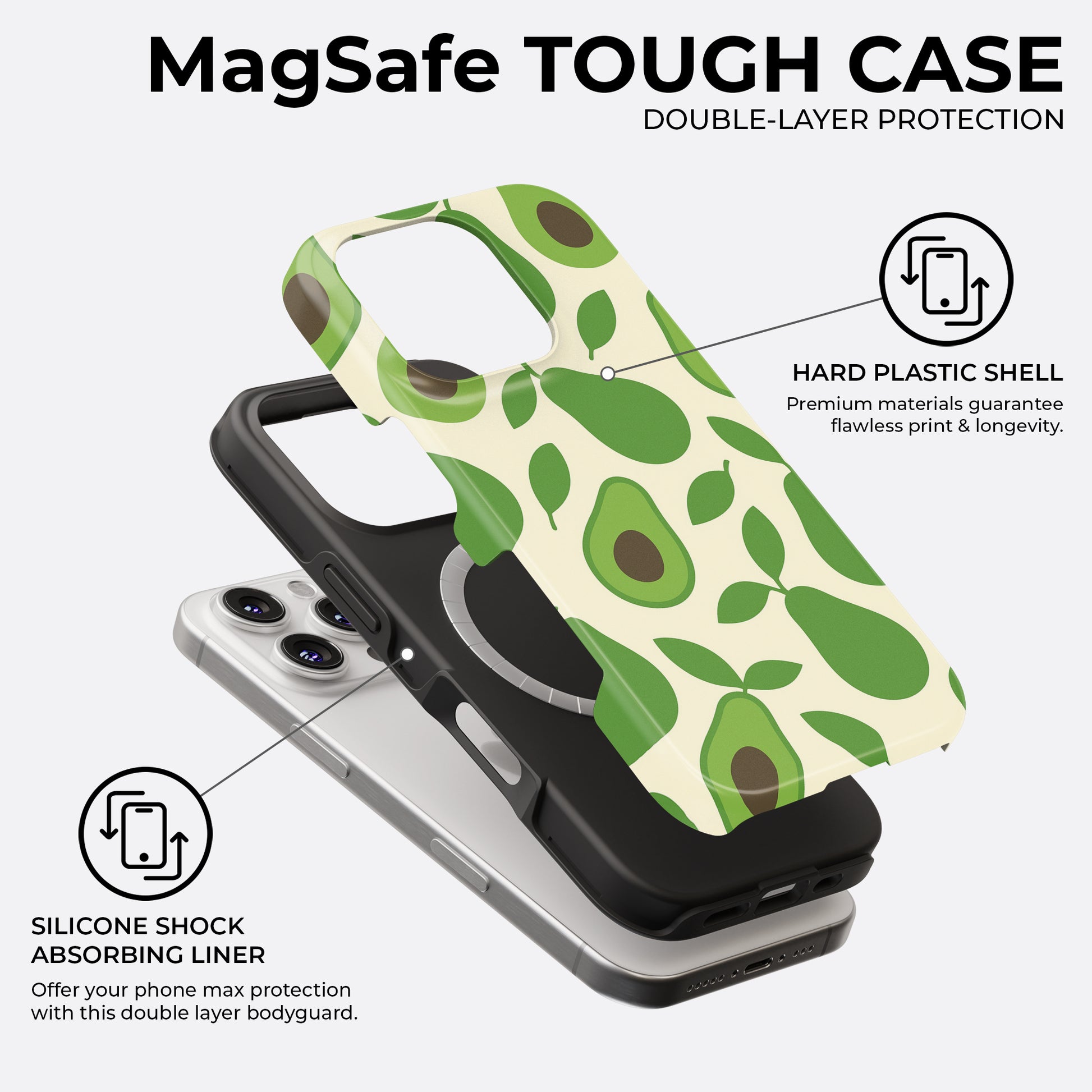 Avocado MagSafe tough phone case with double-layer protection, featuring a hard plastic shell and shock-absorbing silicone liner, by HaloCovers