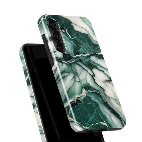 a marble-patterned phone case with a green and white color scheme.