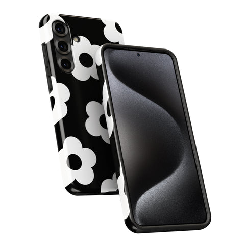 a smartphone case with a black and white floral pattern.