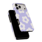 a phone case with a purple and white flower pattern.