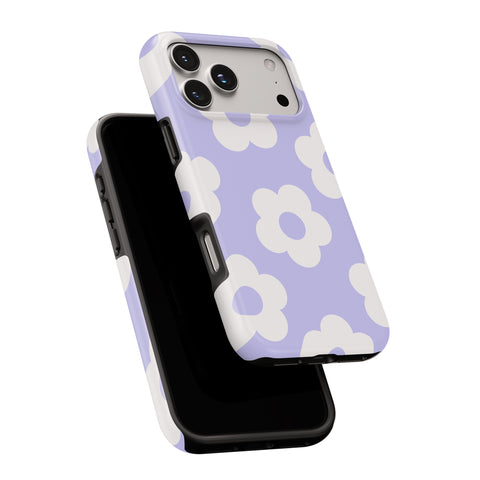 a phone case with a purple and white flower pattern.