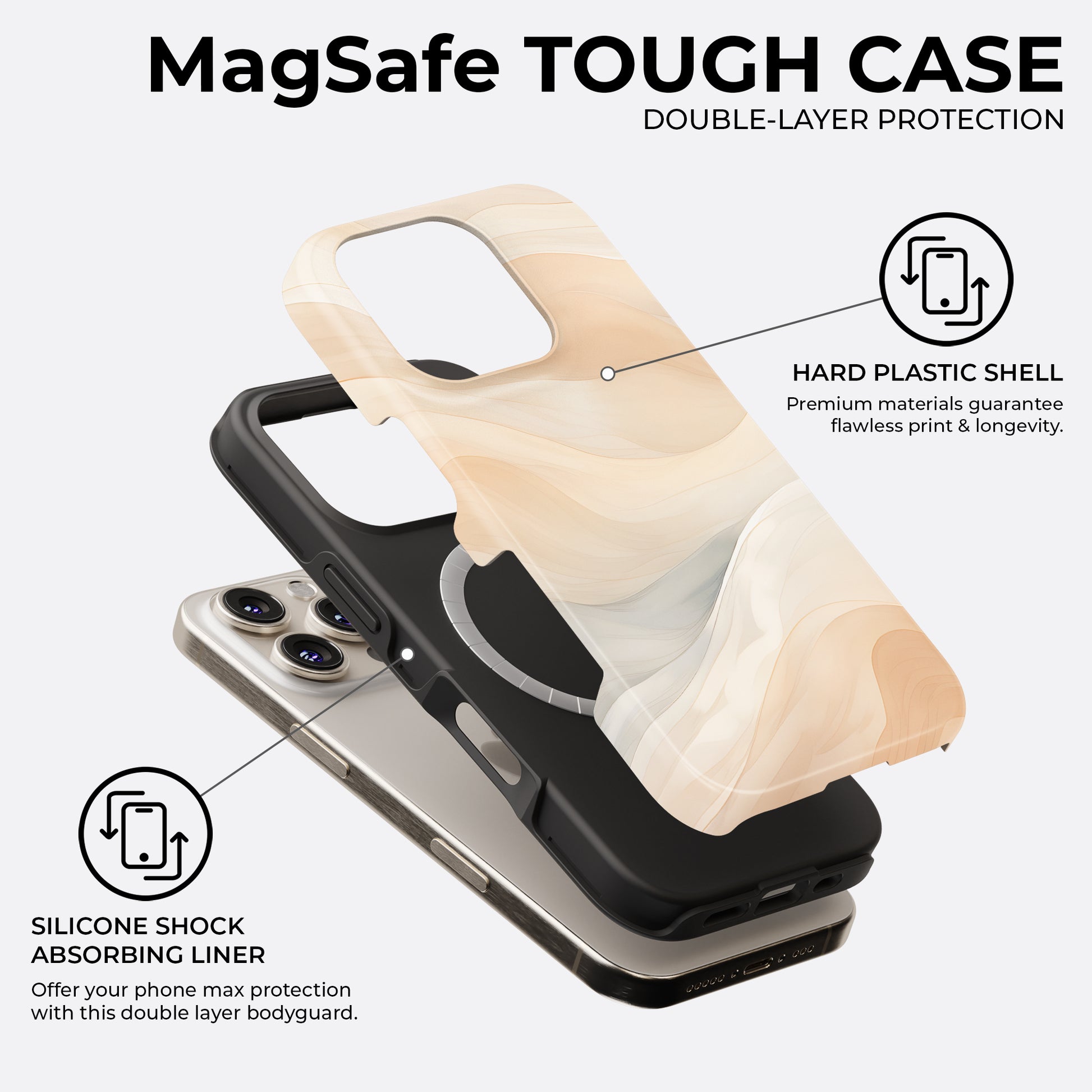 HaloCovers beige abstract swirl MagSafe tough phone case with hard plastic shell and silicone shock-absorbing liner, double-layer protective cover compatible with iPhone, Samsung Galaxy and Google Pixel