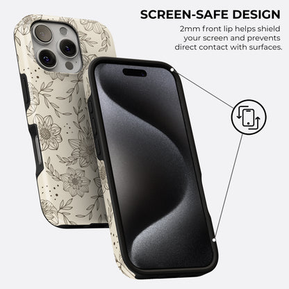 Beige floral line art phone case with screen-safe 2mm raised edge design to prevent direct contact with surfaces