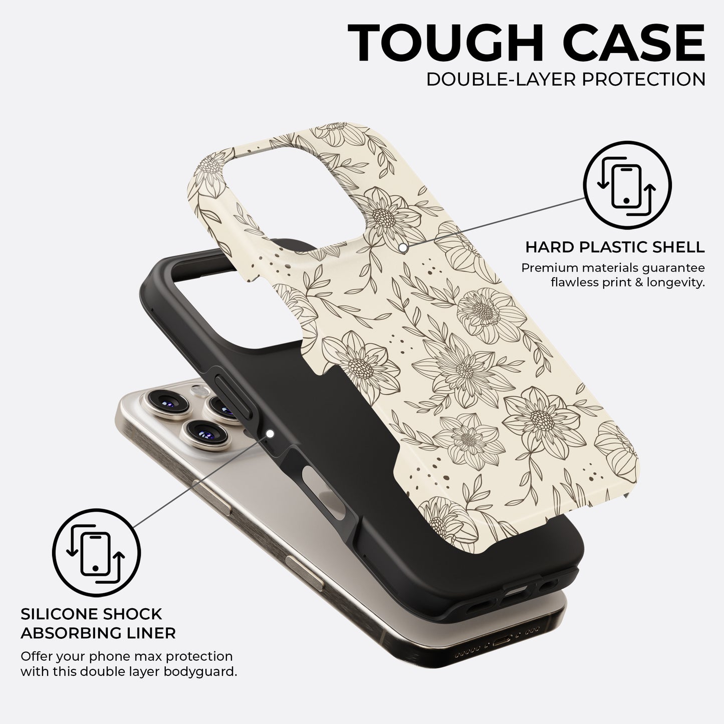 Beige floral line art tough phone case showing double-layer protection with hard plastic shell and silicone liner