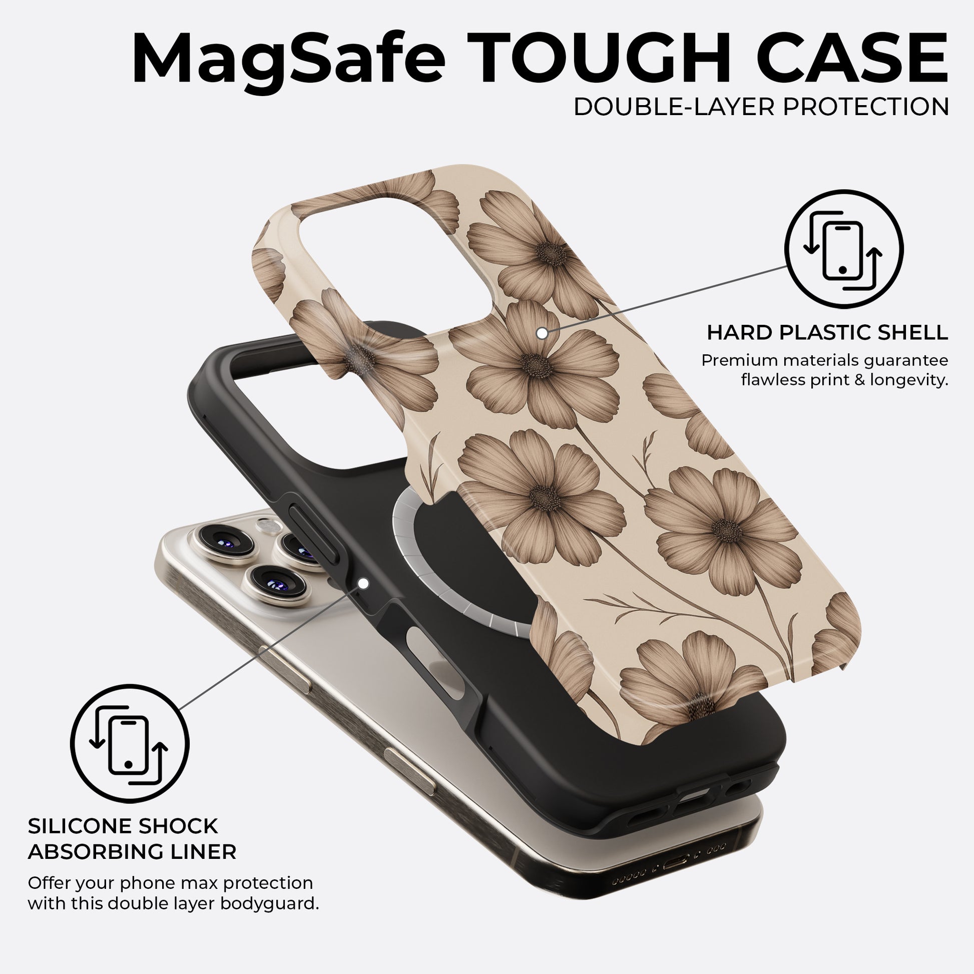 Beige floral MagSafe tough phone case with elegant brown flowers, double-layer protection featuring hard plastic shell and silicone shock-absorbing liner by Casiden