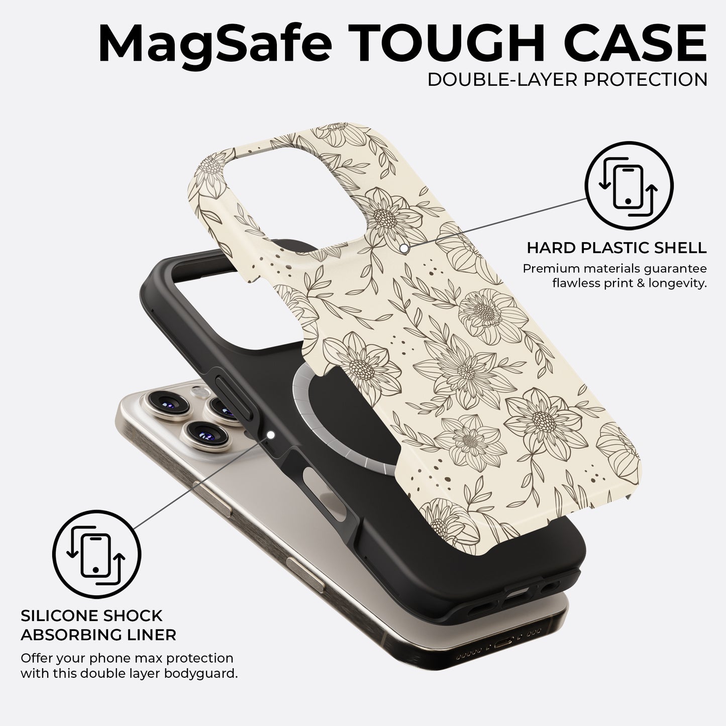 Beige floral MagSafe tough phone case with double-layer protection, hard plastic shell and silicone shock absorbing liner
