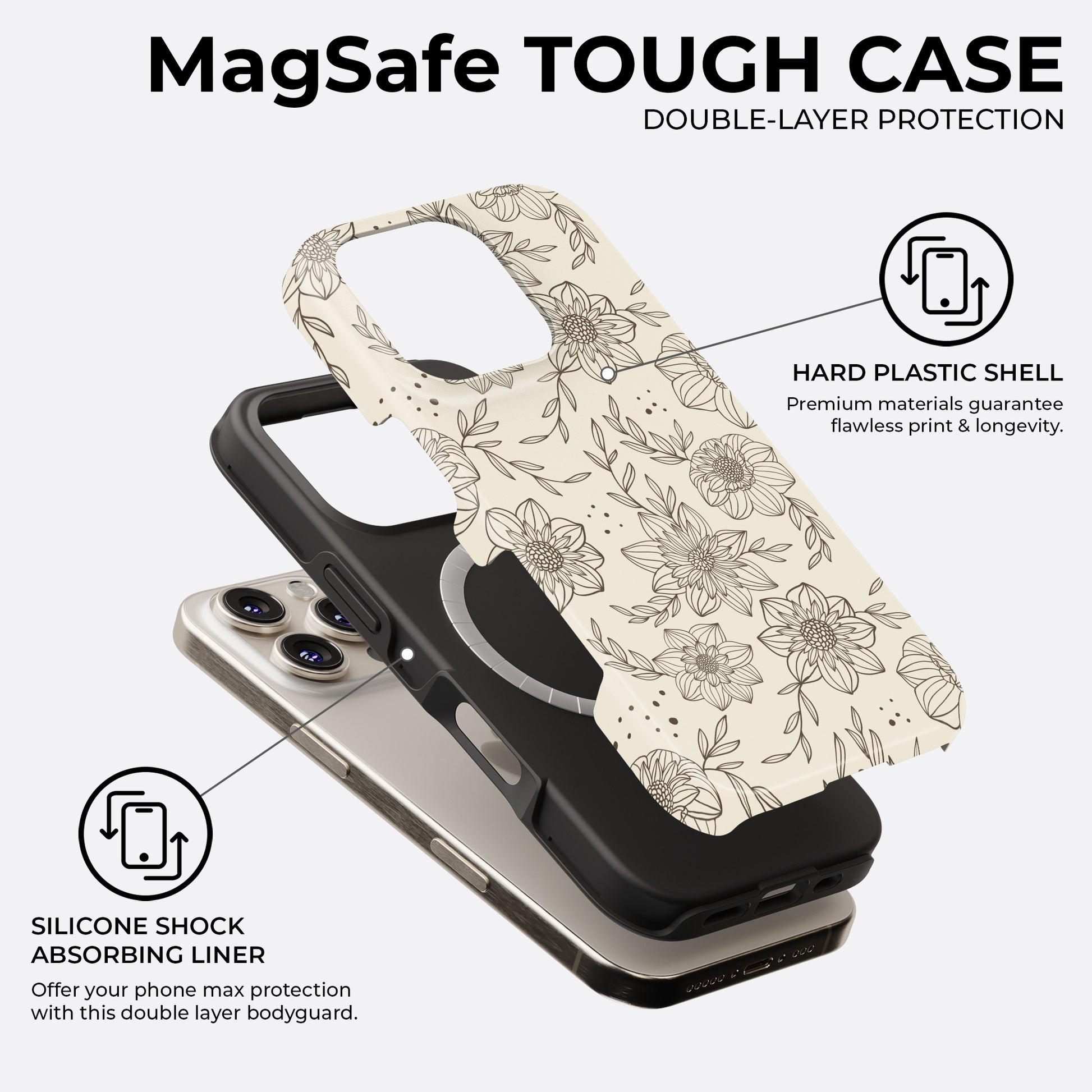 Beige floral MagSafe tough phone case with double-layer protection, hard plastic shell and silicone shock absorbing liner