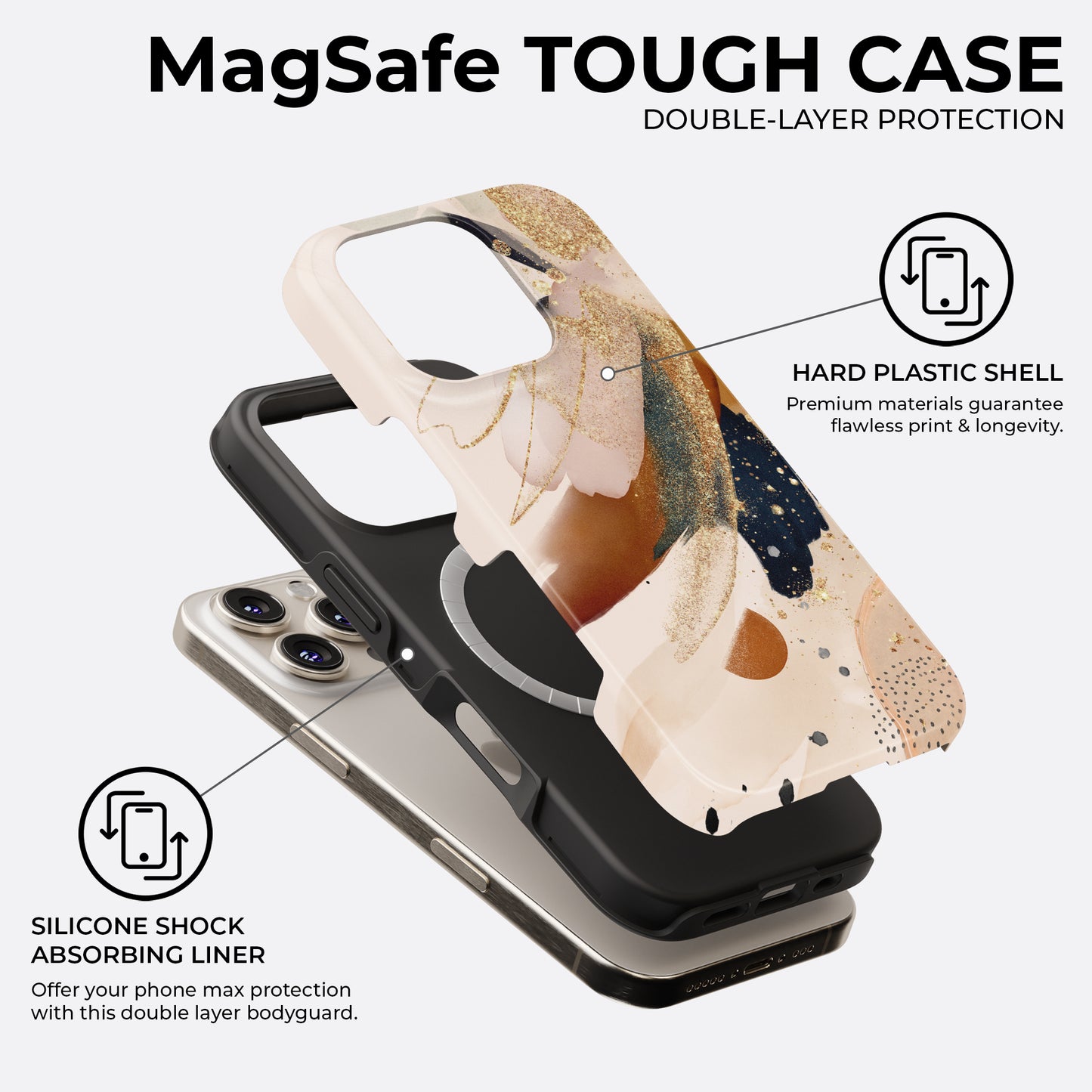 Beige and gold abstract brush MagSafe tough phone case with double-layer protection, hard plastic shell, and silicone shock-absorbing liner