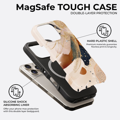 Beige and gold abstract brush MagSafe tough phone case with double-layer protection, hard plastic shell, and silicone shock-absorbing liner