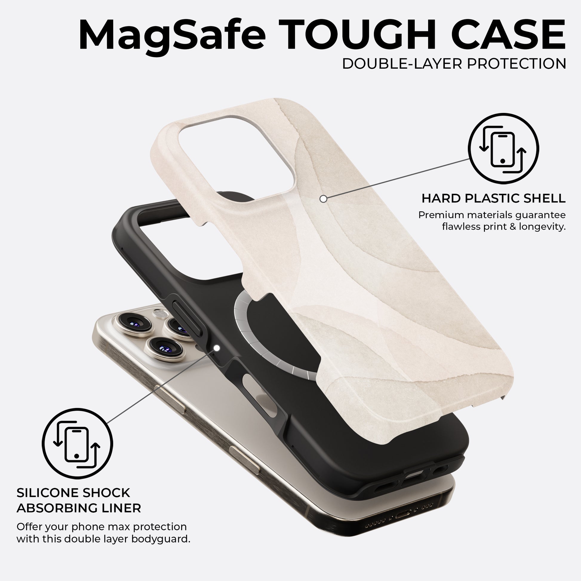 Beige minimalist abstract MagSafe tough phone case with hard plastic shell and silicone shock absorbing liner for double layer protection