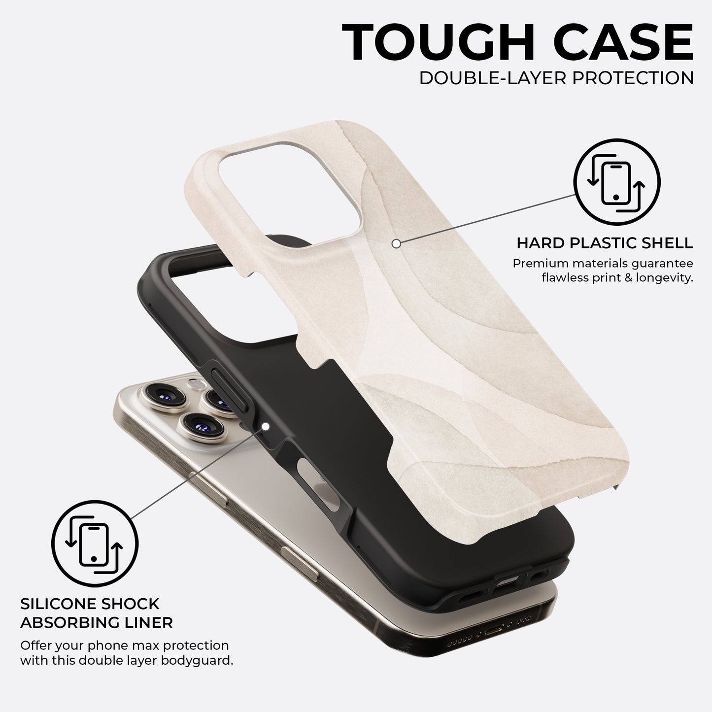 Beige minimalist abstract tough phone case showing double layer protection with hard plastic shell and silicone shock absorbing liner