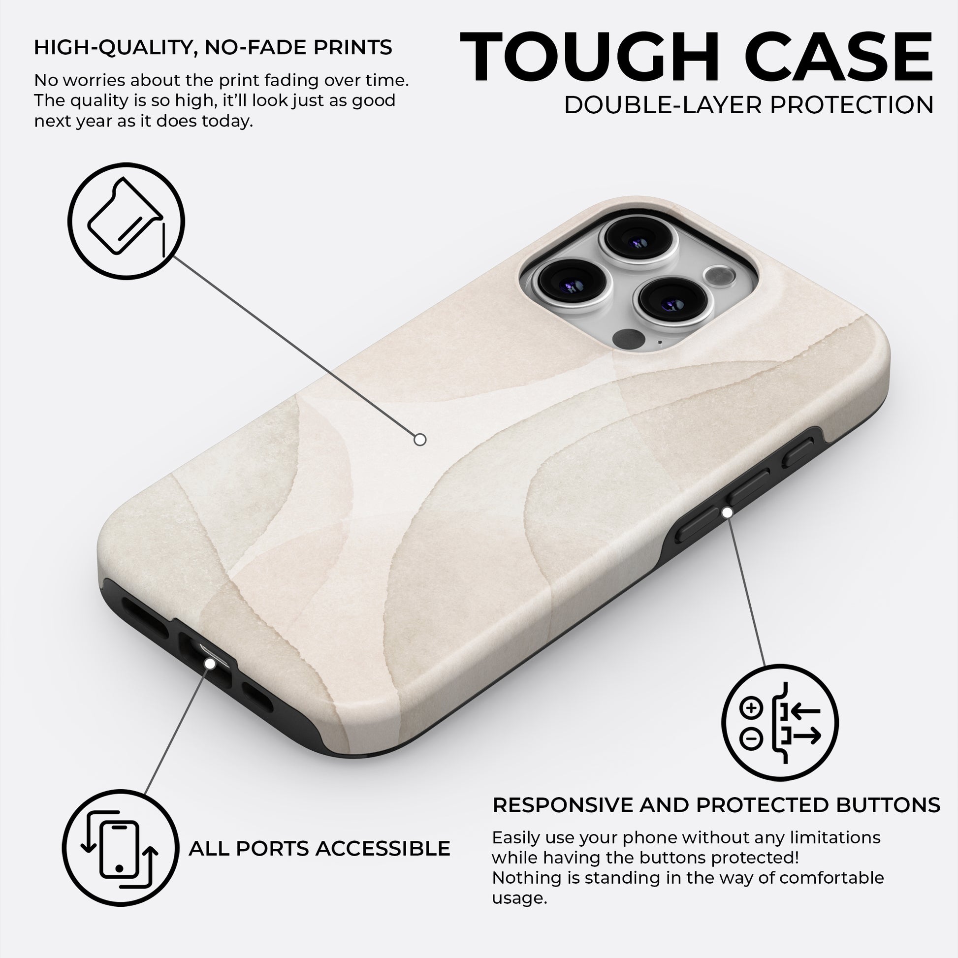 Beige minimalist abstract tough phone case showing double layer protection with responsive buttons and all ports accessible