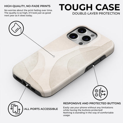 Beige minimalist abstract tough phone case showing double layer protection with responsive buttons and all ports accessible