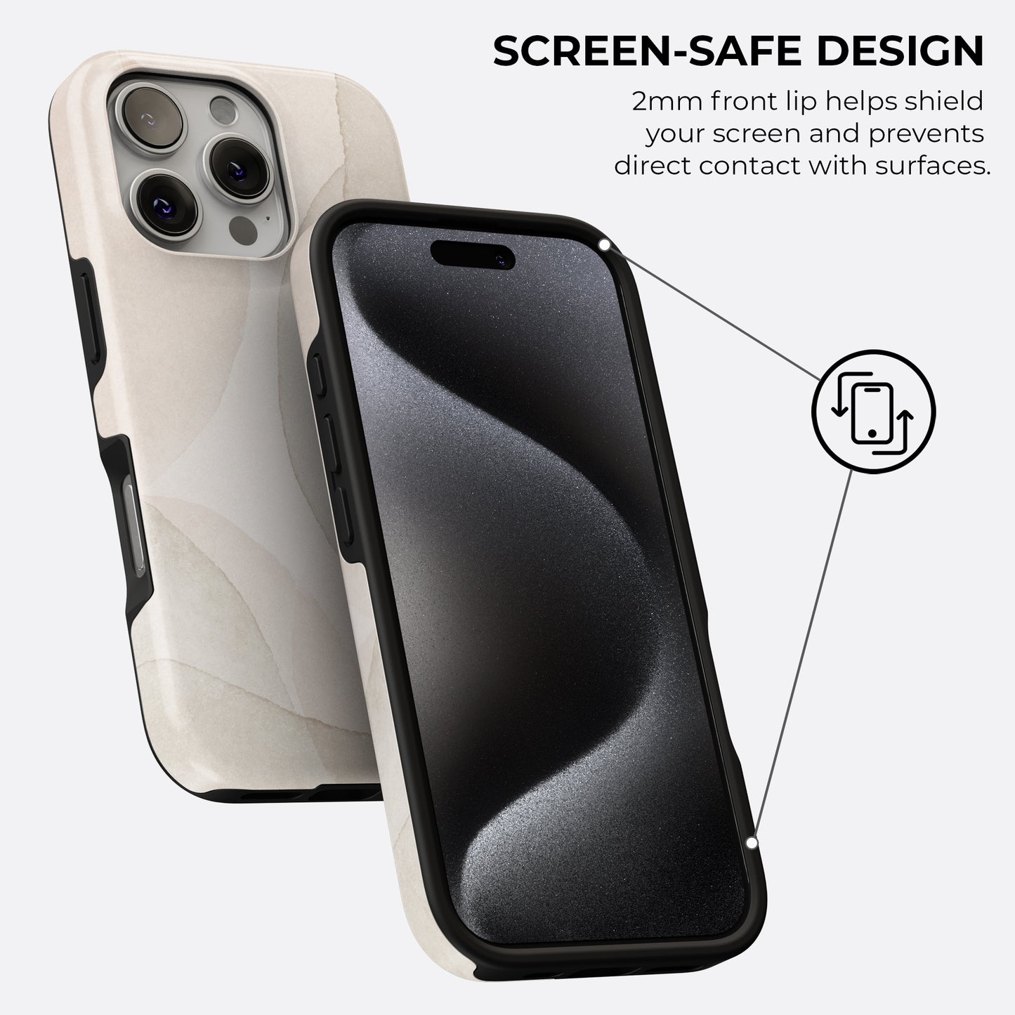 Beige minimalist abstract tough phone case showing 2mm front lip screen-safe design that prevents direct contact with surfaces