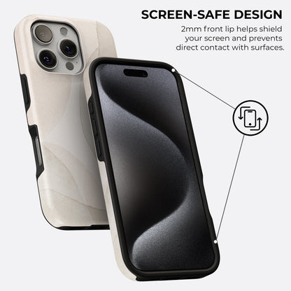 Beige minimalist abstract tough phone case showing 2mm front lip screen-safe design that prevents direct contact with surfaces
