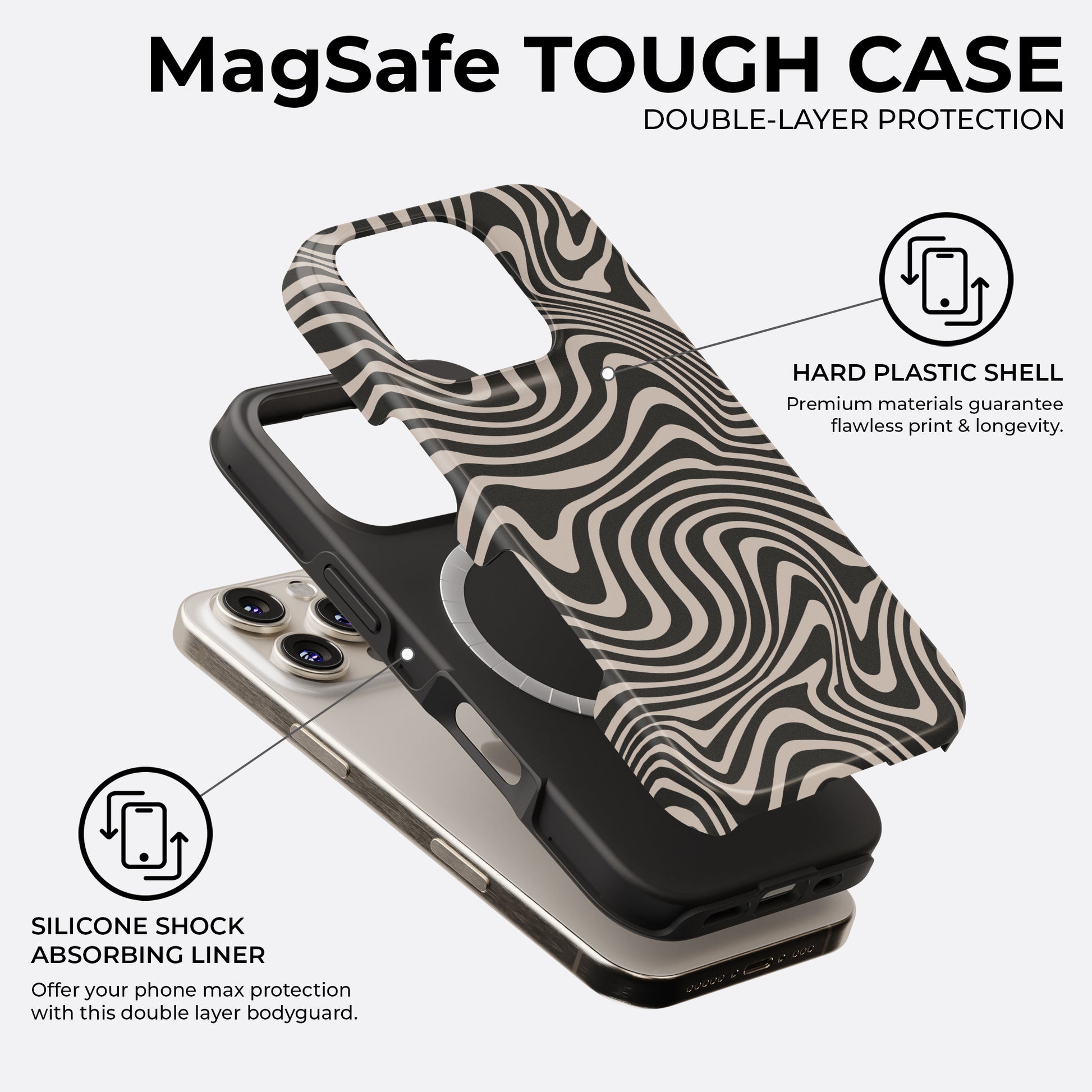 Black and beige abstract waves MagSafe tough phone case with double layer protection showing hard plastic shell and silicone shock absorbing liner