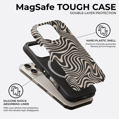 Black and beige abstract waves MagSafe tough phone case with double layer protection showing hard plastic shell and silicone shock absorbing liner