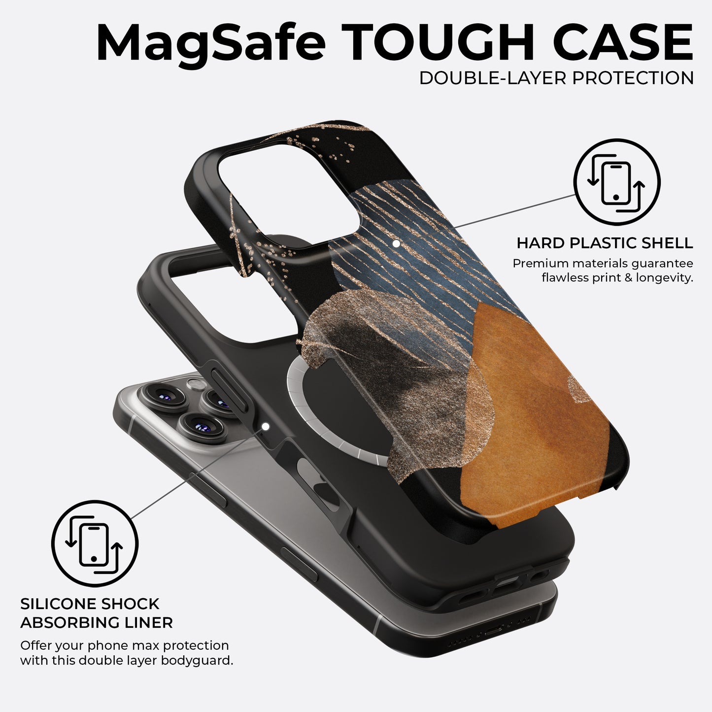 Black and gold abstract texture MagSafe tough phone case showing double-layer protection with hard plastic shell and silicone shock-absorbing liner