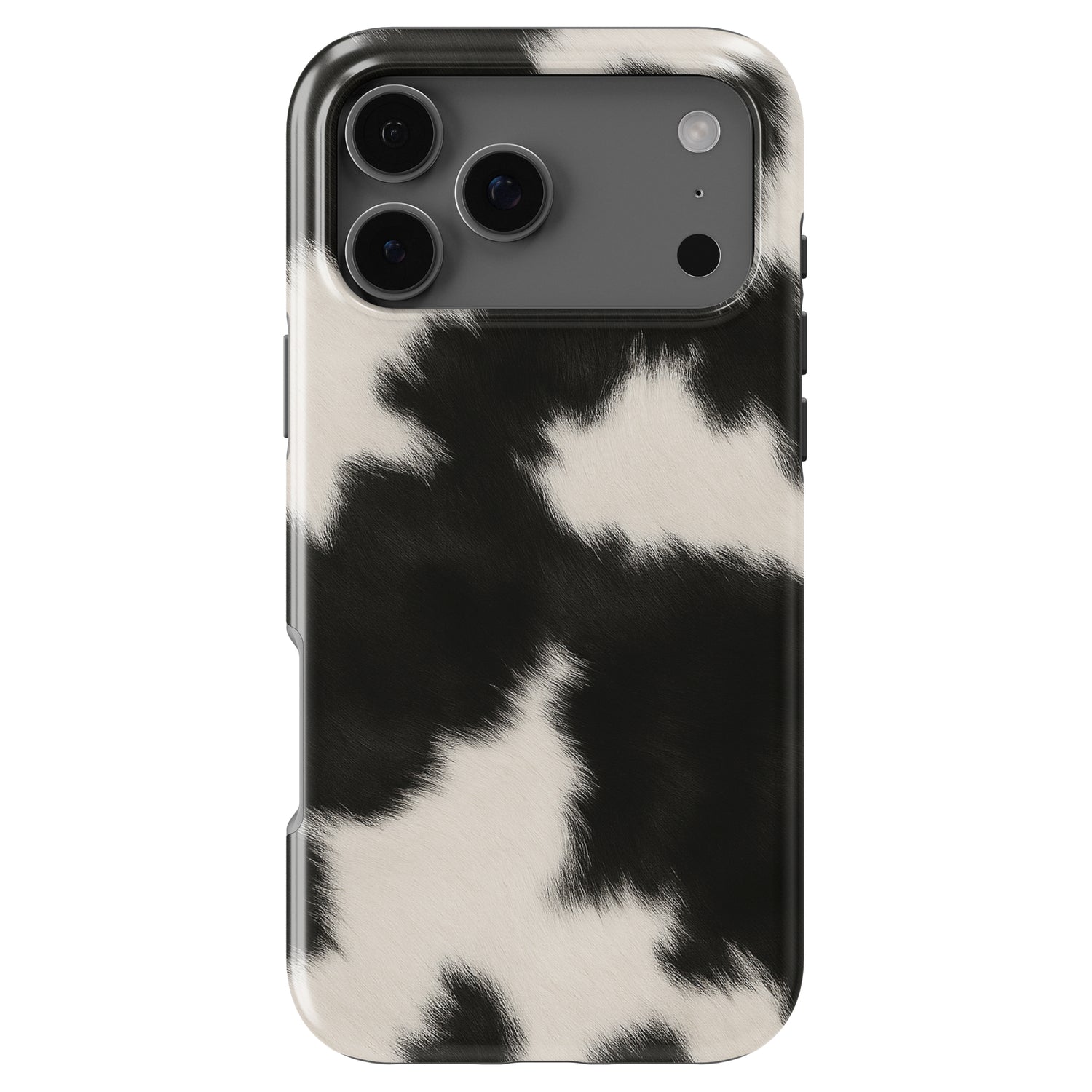 Black and white cow print phone case by Casiden featuring a soft fur-inspired animal pattern with a stylish aesthetic
