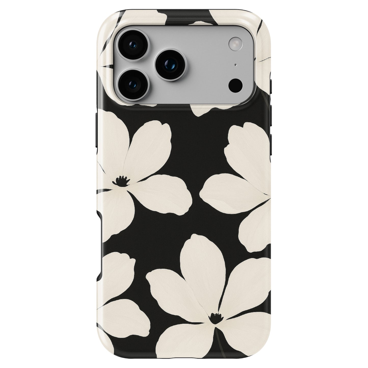 Black and white floral phone case by Casiden featuring large minimalist bloom design with a chic and elegant aesthetic