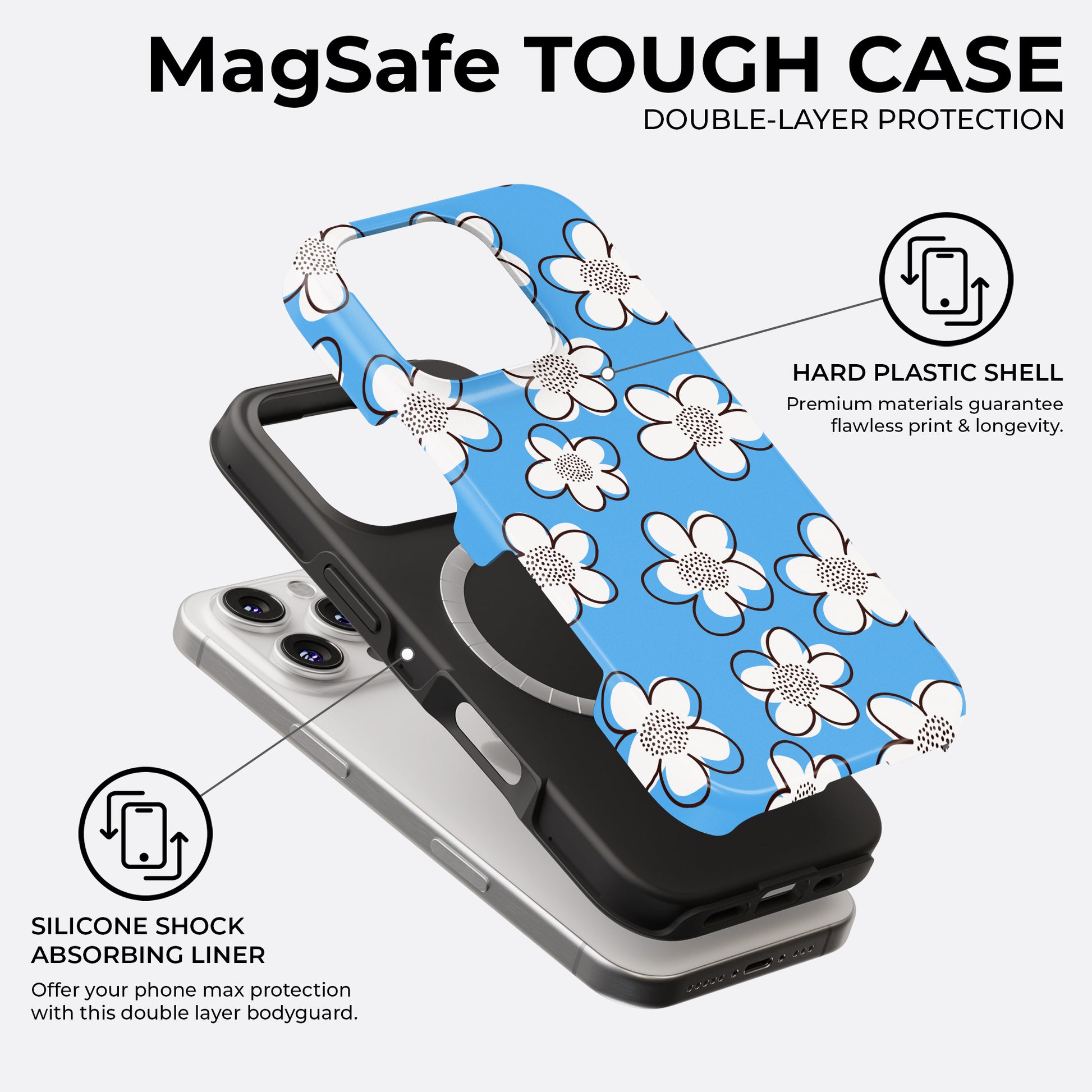Blue retro flower MagSafe tough phone case by Casiden with double-layer protection and magnetic charging compatibility