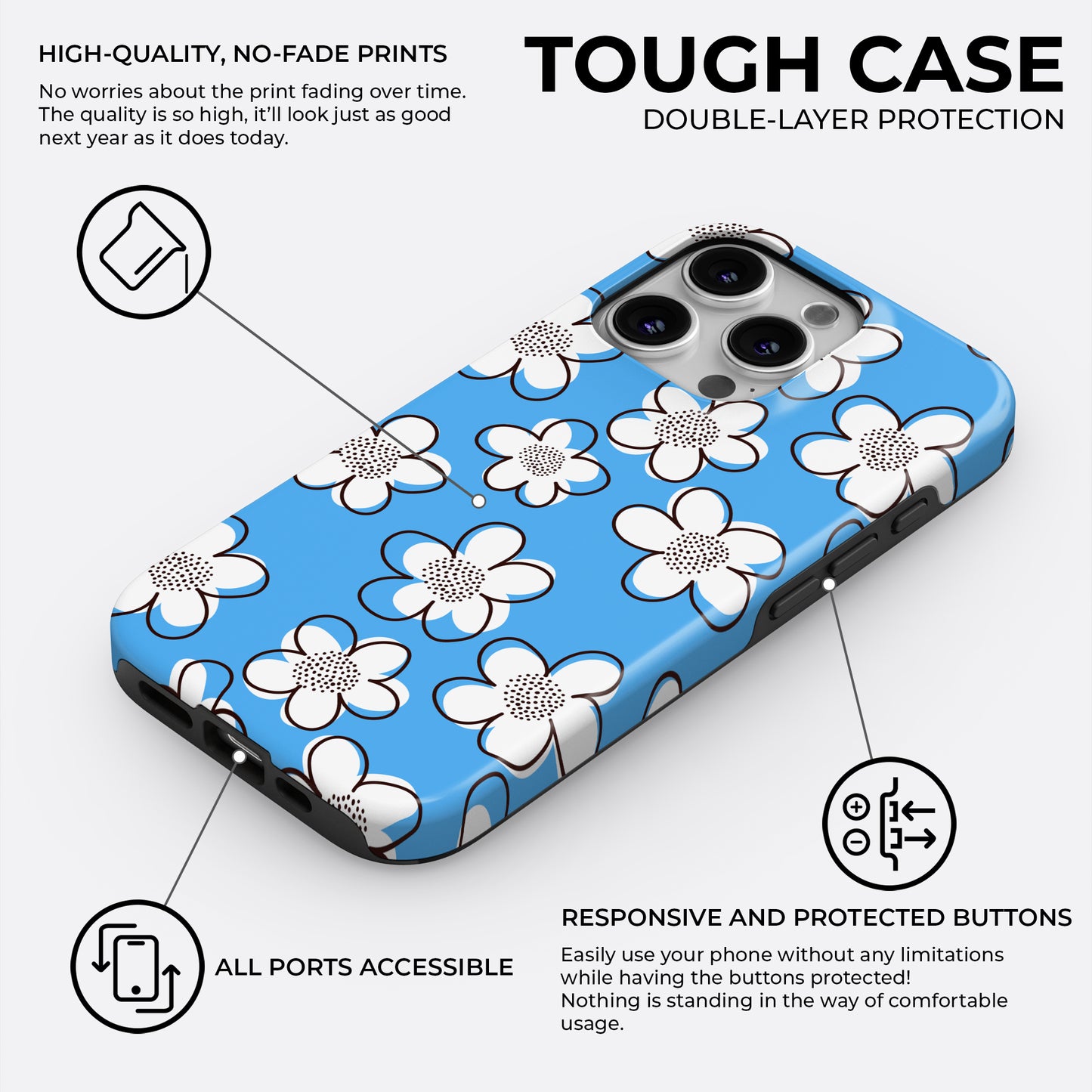 Blue retro flower tough phone case with white daisy pattern and double-layer protection by Casiden