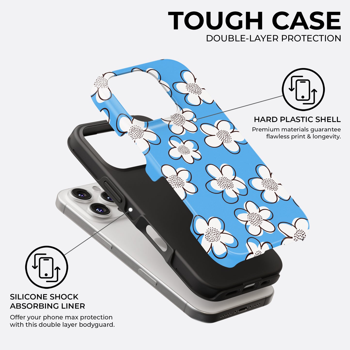 Blue retro flower tough phone case showing double-layer design with silicone shock absorbing liner and hard plastic shell by Casiden