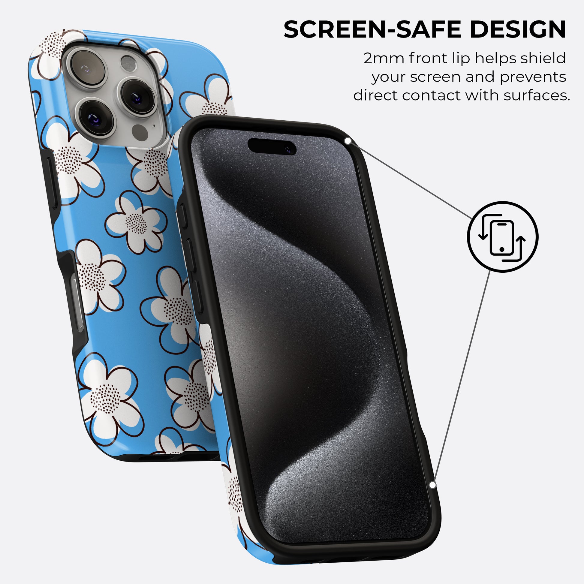 Blue retro flower tough phone case with 2mm raised front lip for screen-safe protection by Casiden