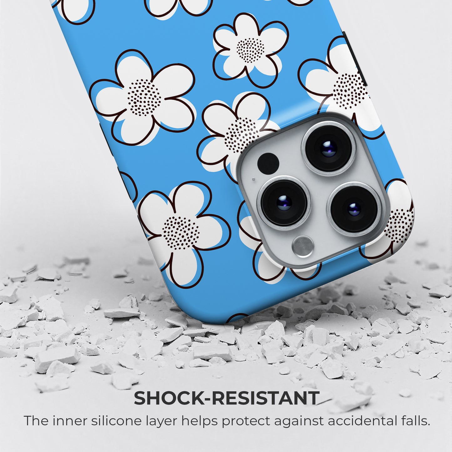 Blue retro flower tough phone case by Casiden with shock-resistant silicone inner layer for drop protection