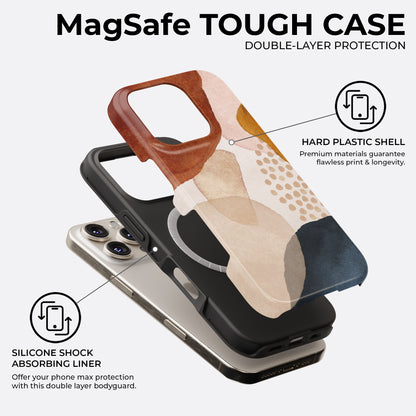 Boho abstract multicolor dots MagSafe tough phone case showing double layer protection with hard plastic shell and silicone shock absorbing liner