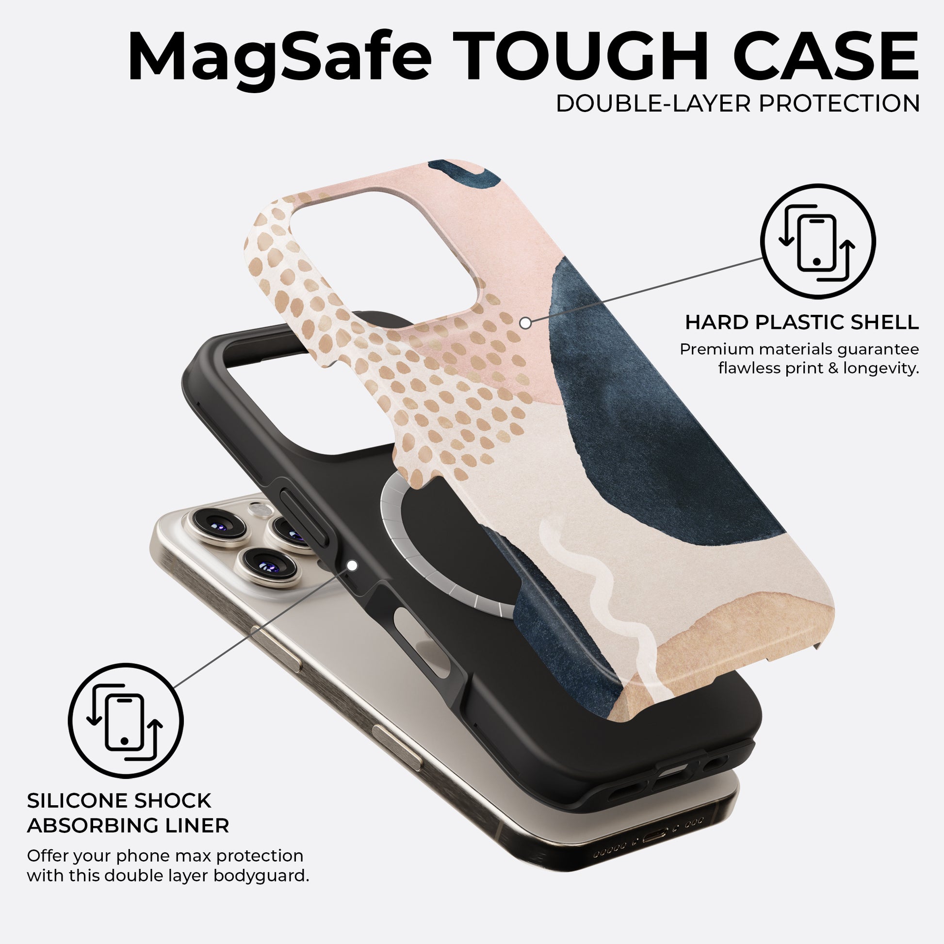 Boho abstract navy and beige MagSafe tough phone case showing double layer protection with hard plastic shell and silicone shock absorbing liner
