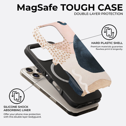 Boho abstract navy and beige MagSafe tough phone case showing double layer protection with hard plastic shell and silicone shock absorbing liner