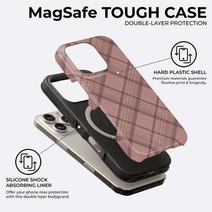 Brown plaid MagSafe tough phone case featuring double-layer protection with hard plastic shell and silicone shock absorbing liner by HaloCovers