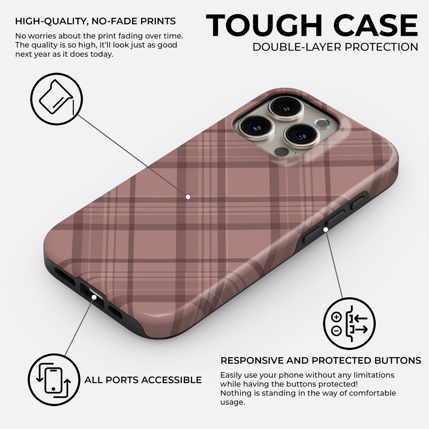 Brown plaid tough phone case showing double-layer protection with accessible ports and responsive protected buttons by HaloCovers