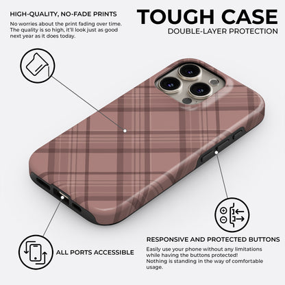 Brown plaid tough phone case showing double-layer protection with accessible ports and responsive protected buttons by HaloCovers