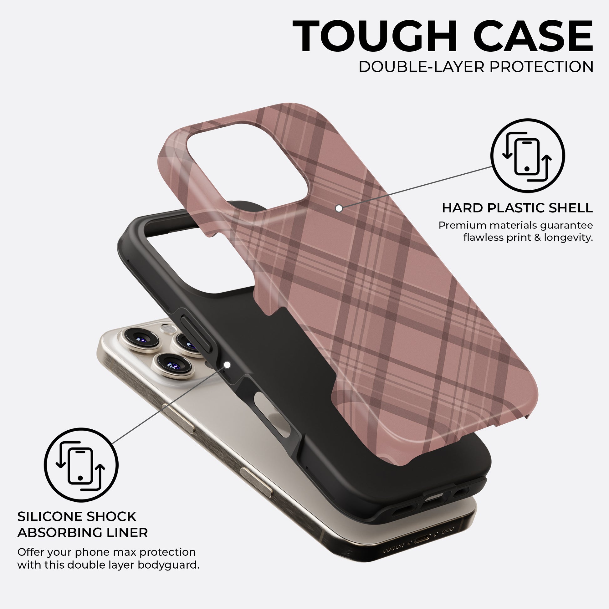 Brown plaid tough phone case showing hard plastic shell and silicone shock-absorbing liner for double-layer protection by HaloCovers
