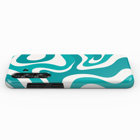 A turquoise and white patterned phone case with a wavy design.