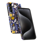a colorful phone case with a floral pattern on the back and a black smartphone with a curved design on the front.