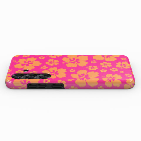 A pink and yellow floral patterned phone case is shown against a white background.