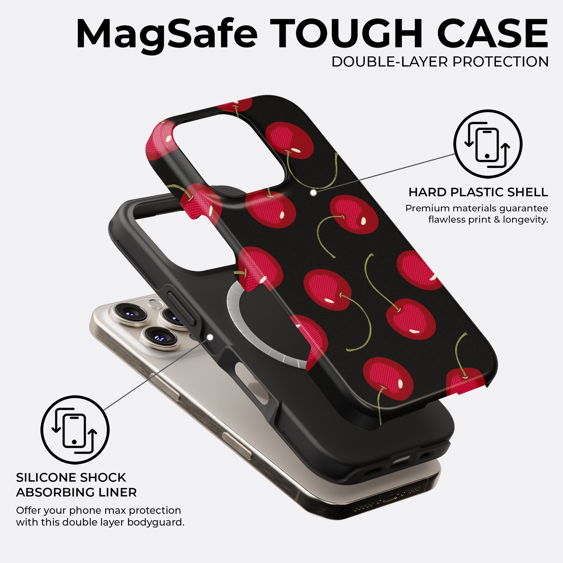 Cherry MagSafe tough phone case with double-layer protection and shock-absorbing silicone liner