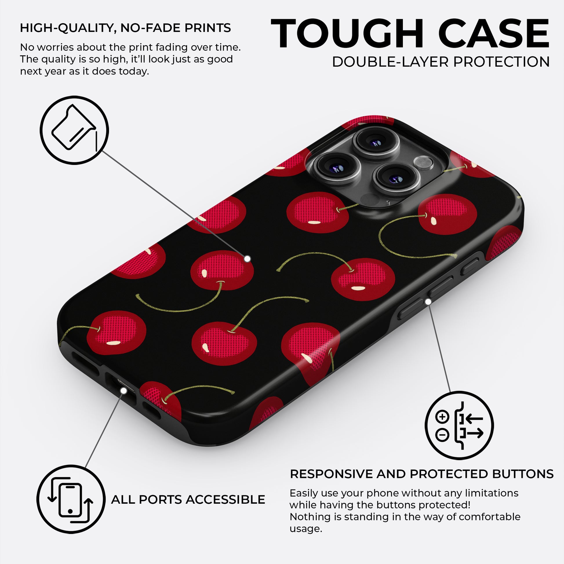 Cherry pattern tough phone case with double-layer protection and shock absorbing liner