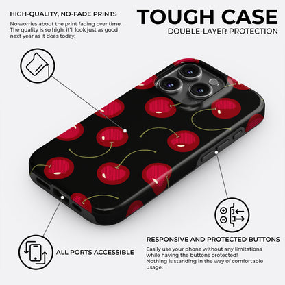 Cherry pattern tough phone case with double-layer protection and shock absorbing liner
