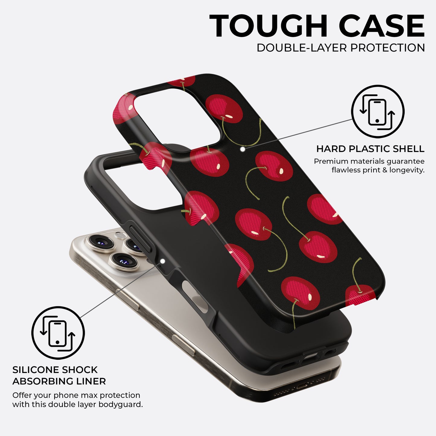 Cherry tough phone case with hard plastic shell and silicone shock absorbing liner for double-layer protection