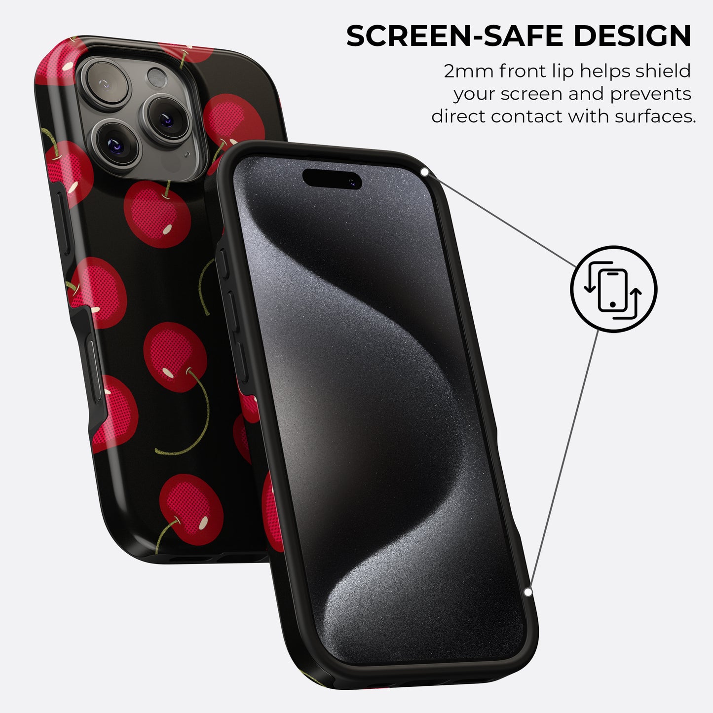 Cherry tough phone case with 2mm raised lip for screen protection and impact-resistant design
