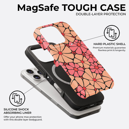 Coral and peach floral MagSafe phone case with black mosaic outlines, featuring double-layer protection with hard plastic shell and silicone liner by Casiden
