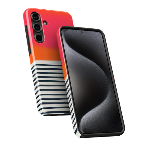 a smartphone with a colorful case design, including stripes and a black background.