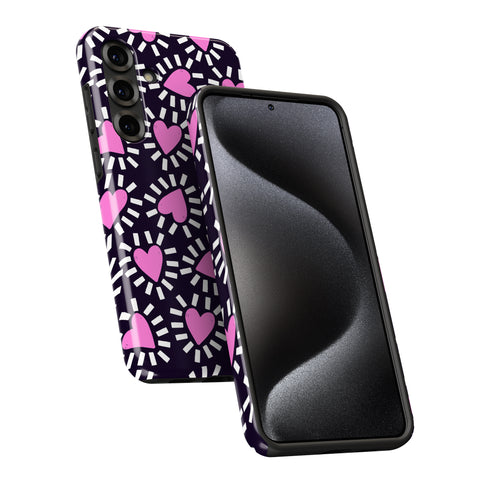 a smartphone case with a pink heart pattern on a black background.