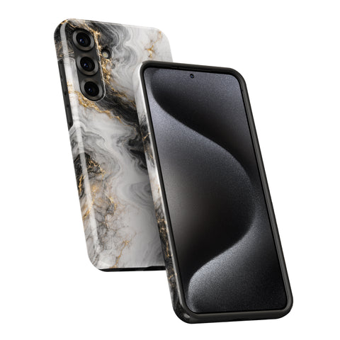 a smartphone with a marble-patterned case on it.