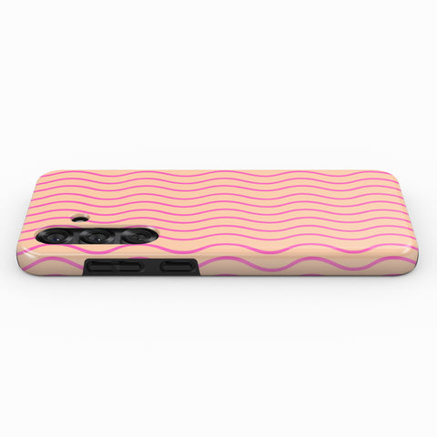 A pink and beige striped phone case with a wavy pattern.