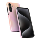 a pink and black smartphone case, with the pink case on the left and the black case on the right.